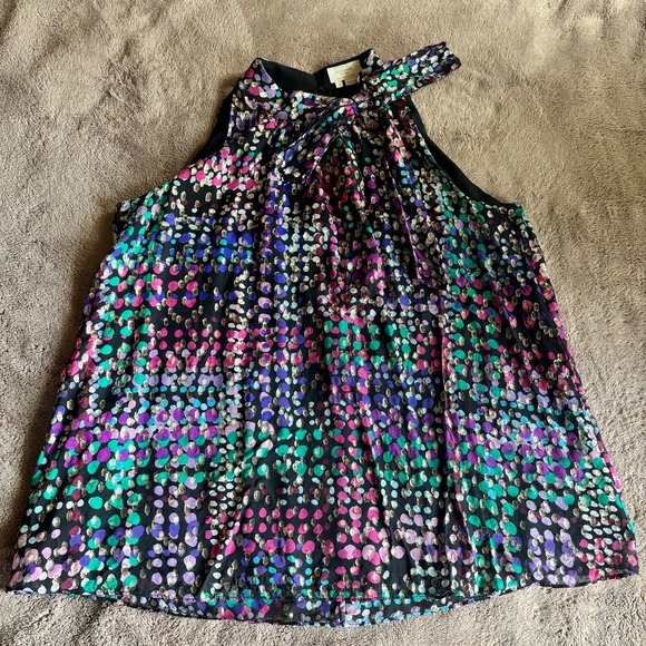 kate spade Tops - Kate Spade Silk Metallic Confetti Bow Neck Halter Top Multicolor Dot Blouse M